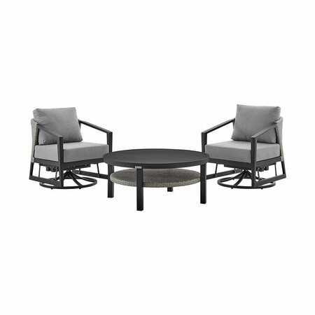 ARMEN LIVING Aileen 3 Piece Patio Outdoor Swivel Seating Set in Black Aluminum with Grey Wicker and Cushions 840254332645